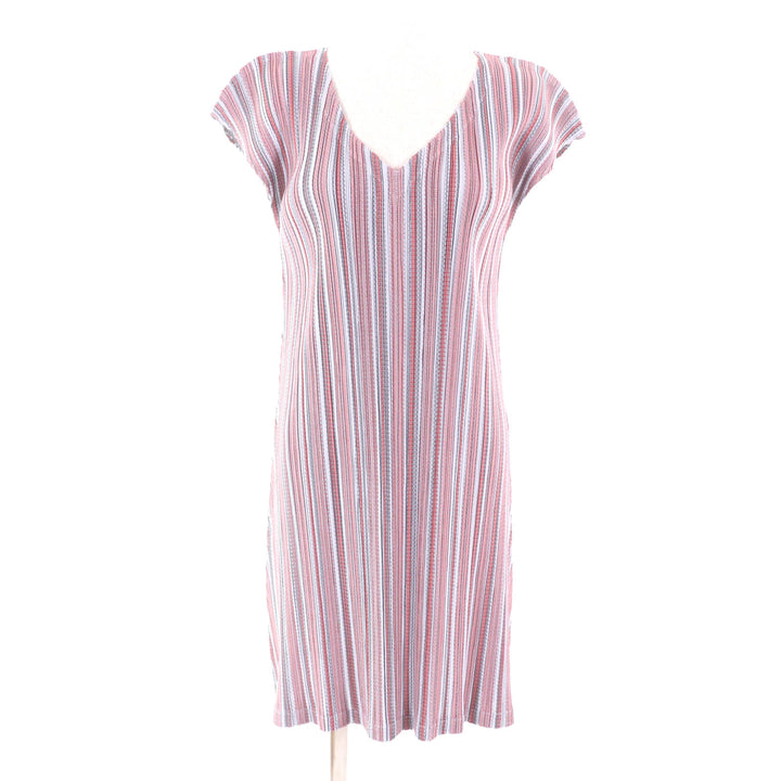 Excellent PLEATS PLEASE Tunic Stripe Pattern V-neck short sleeve dress Women 3