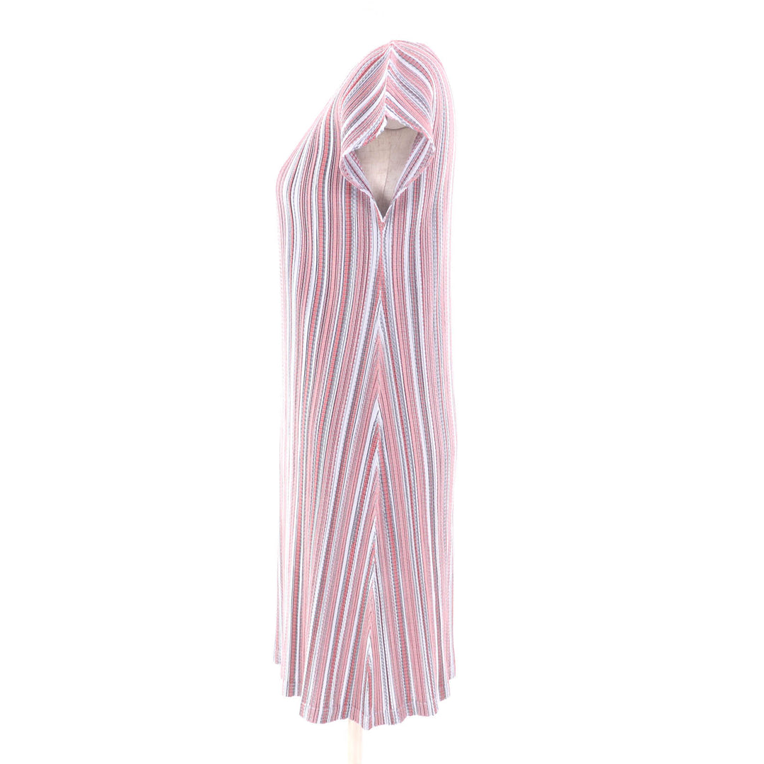 Excellent PLEATS PLEASE Tunic Stripe Pattern V-neck short sleeve dress Women 3