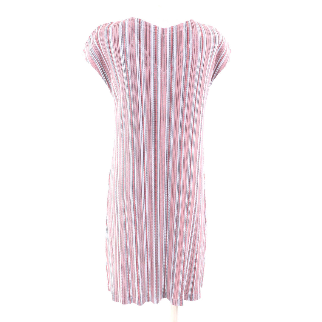 Excellent PLEATS PLEASE Tunic Stripe Pattern V-neck short sleeve dress Women 3