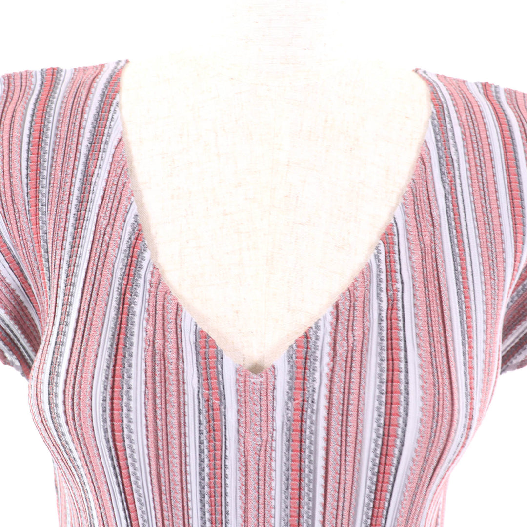 Excellent PLEATS PLEASE Tunic Stripe Pattern V-neck short sleeve dress Women 3