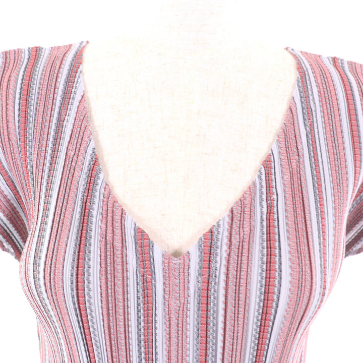 Excellent PLEATS PLEASE Tunic Stripe Pattern V-neck short sleeve dress Women 3