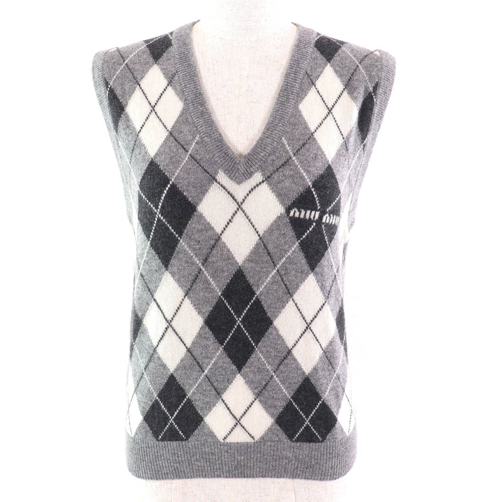 Excellent MIUMIU Best Logo Argyle Pattern V-neck knit Gray cashmere Women 38