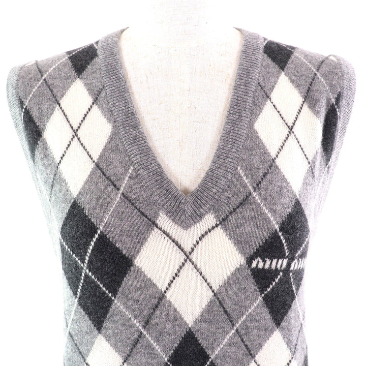 Excellent MIUMIU Best Logo Argyle Pattern V-neck knit Gray cashmere Women 38