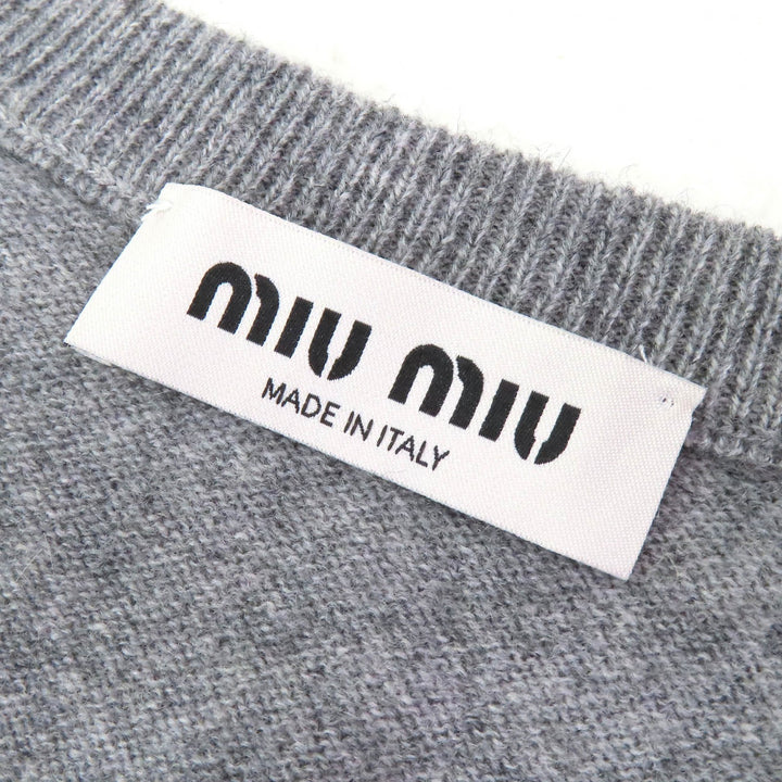 Excellent MIUMIU Best Logo Argyle Pattern V-neck knit Gray cashmere Women 38