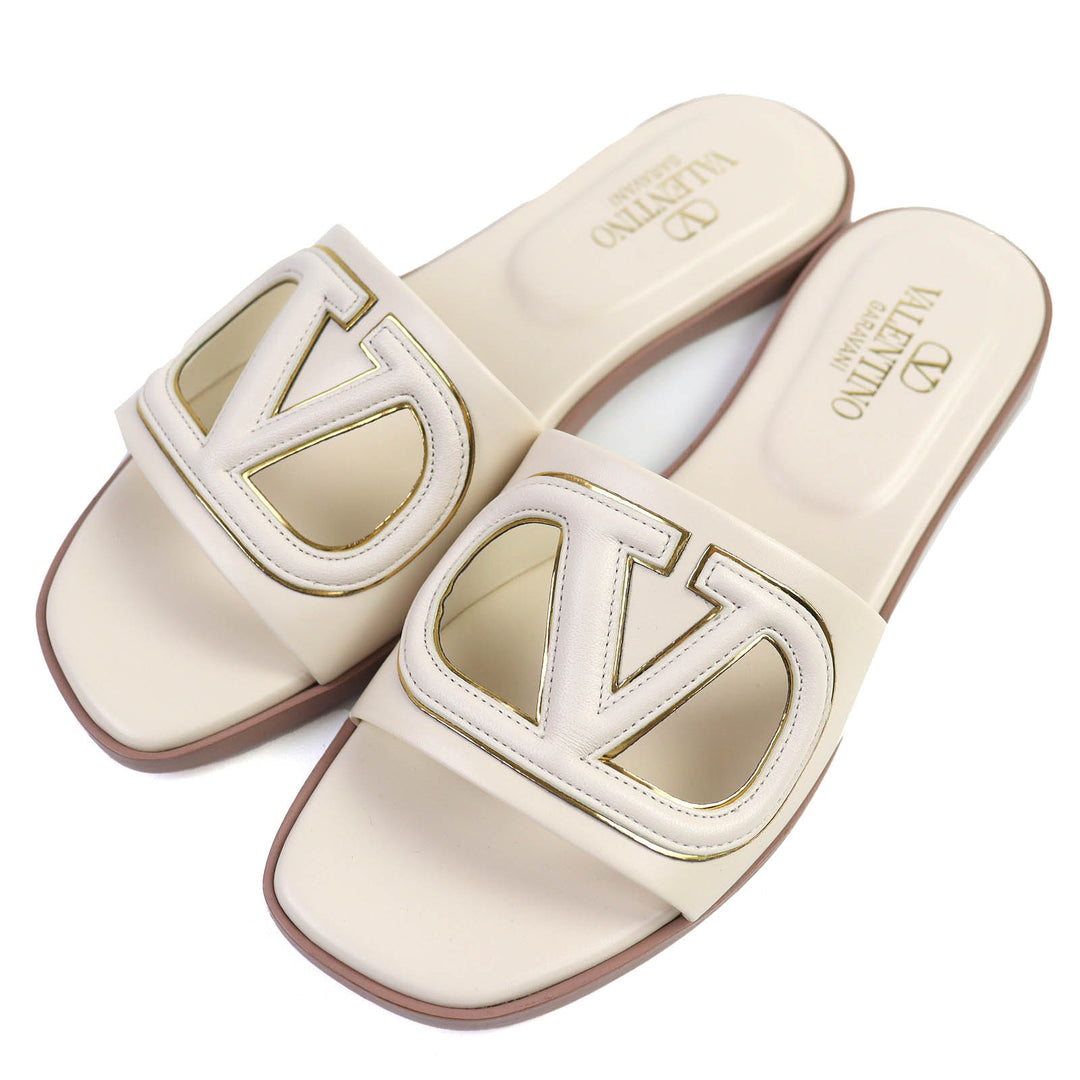 Pristine Valentino Garavani V Logo Cutout Square Toe Leather Slide Sandals 35