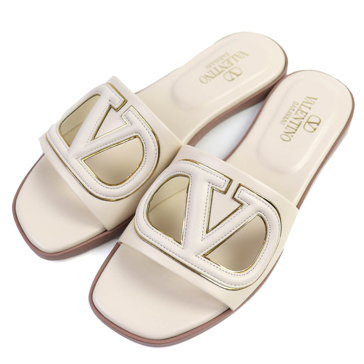 Pristine Valentino Garavani V Logo Cutout Square Toe Leather Slide Sandals 35