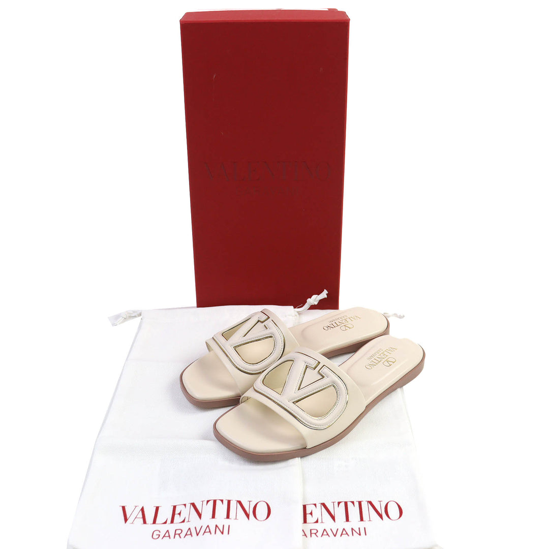 Pristine Valentino Garavani V Logo Cutout Square Toe Leather Slide Sandals 35