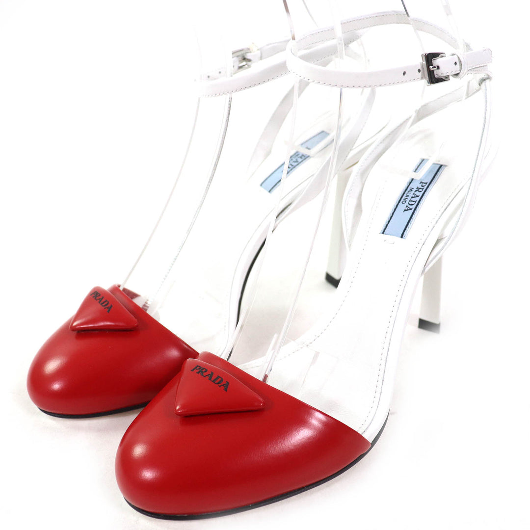 Pristine PRADA pumps Triangle Logo Strap Leather ROSSO BIANCO leather Women 37.5
