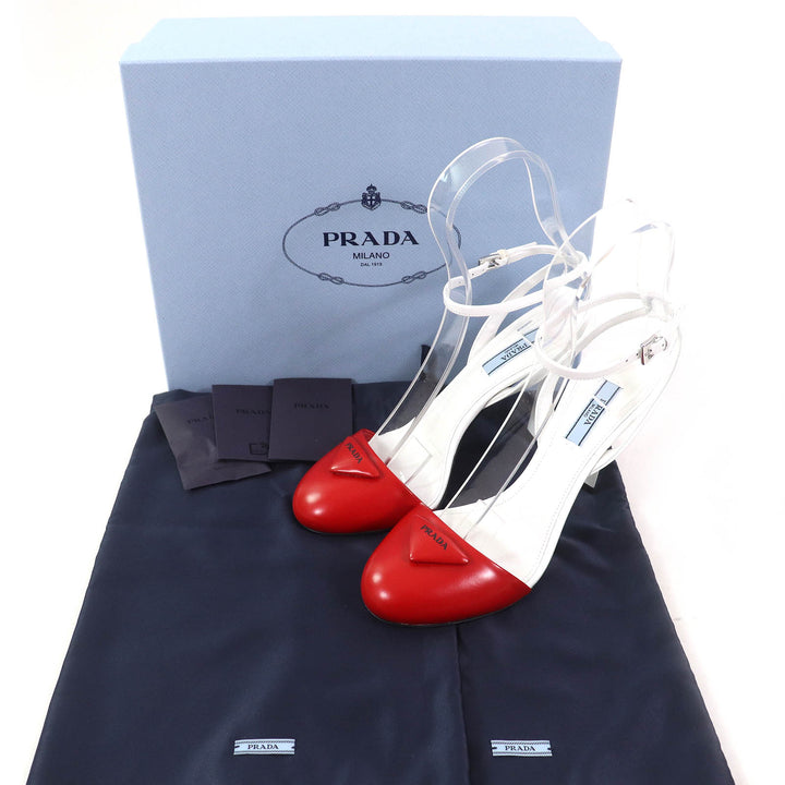 Pristine PRADA pumps Triangle Logo Strap Leather ROSSO BIANCO leather Women 37.5