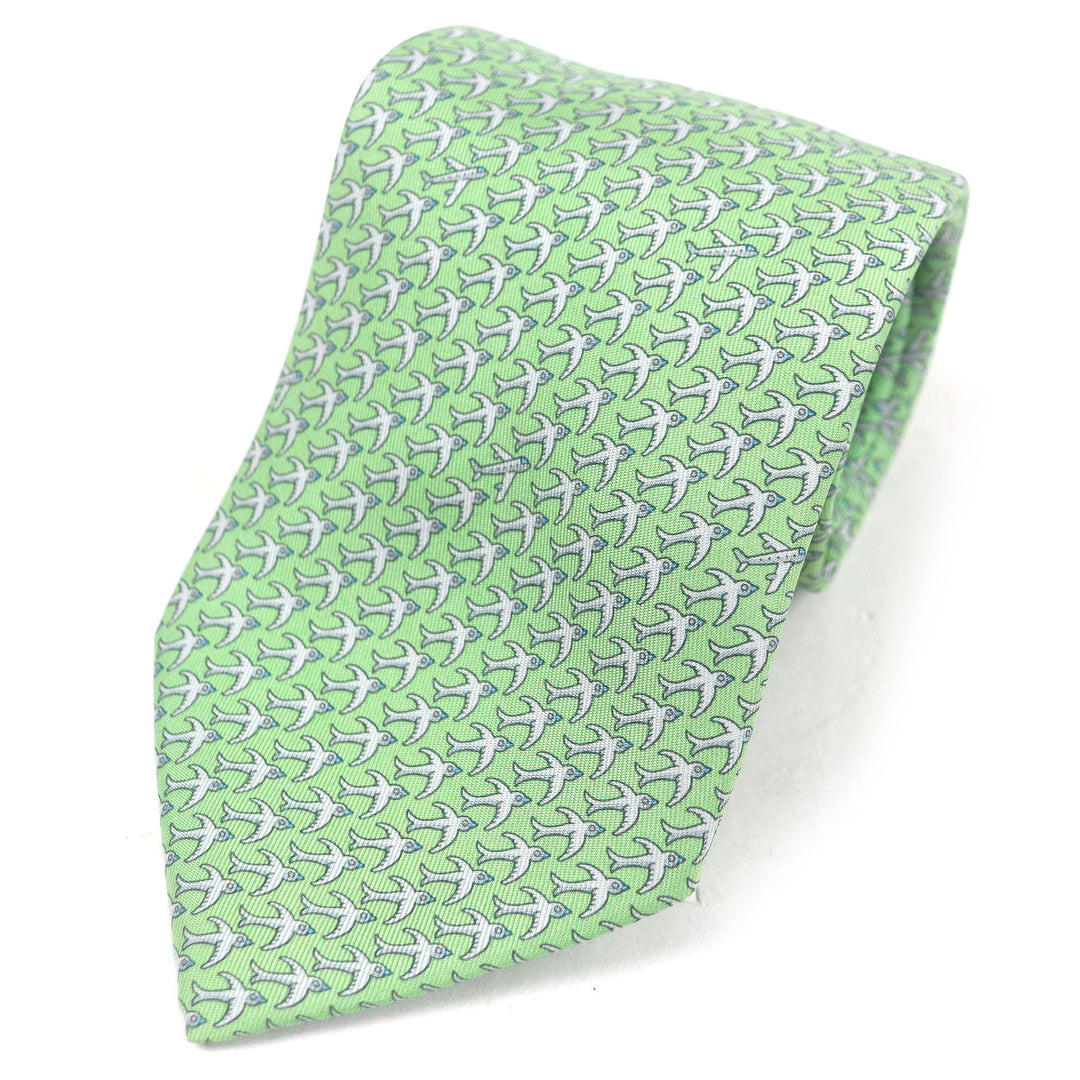 Excellent HERMES tie Airplane bird all-over print wide tie green silk mens