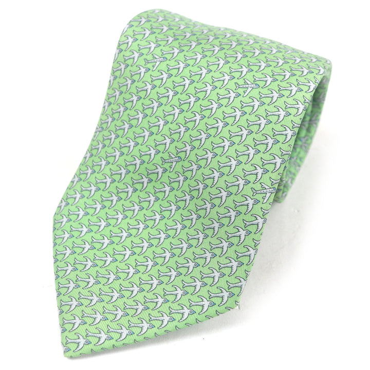 Excellent HERMES tie Airplane bird all-over print wide tie green silk mens
