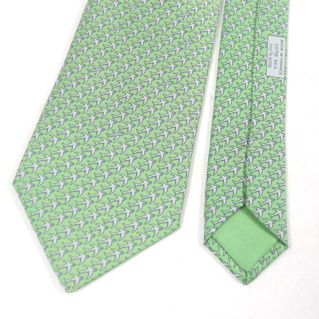 Excellent HERMES tie Airplane bird all-over print wide tie green silk mens