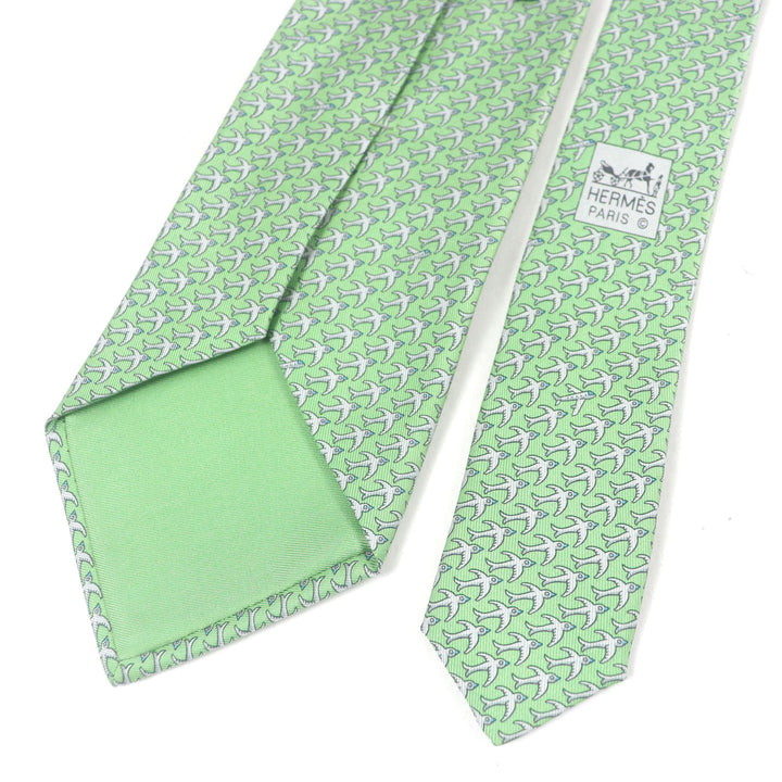 Excellent HERMES tie Airplane bird all-over print wide tie green silk mens