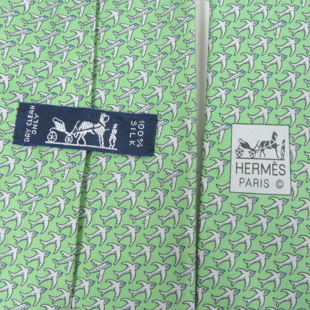 Excellent HERMES tie Airplane bird all-over print wide tie green silk mens