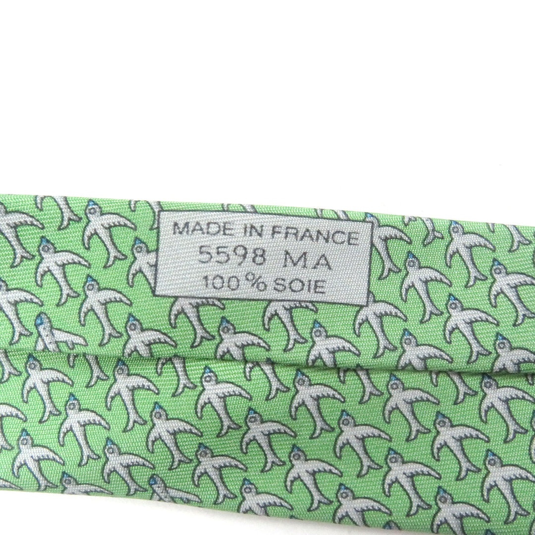 Excellent HERMES tie Airplane bird all-over print wide tie green silk mens