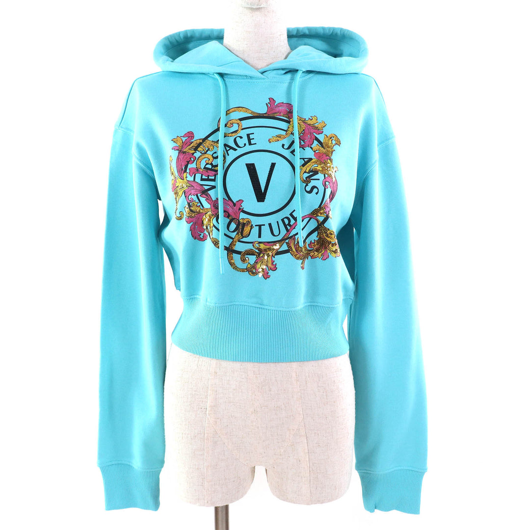Pristine VERSACE JEANS COUTURE hoodie Logo Sequined Cropped blue S 78HAIC01