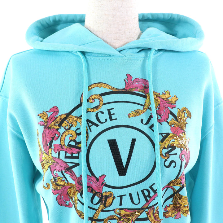 Pristine VERSACE JEANS COUTURE hoodie Logo Sequined Cropped Light blue cotton S 78HAIC01