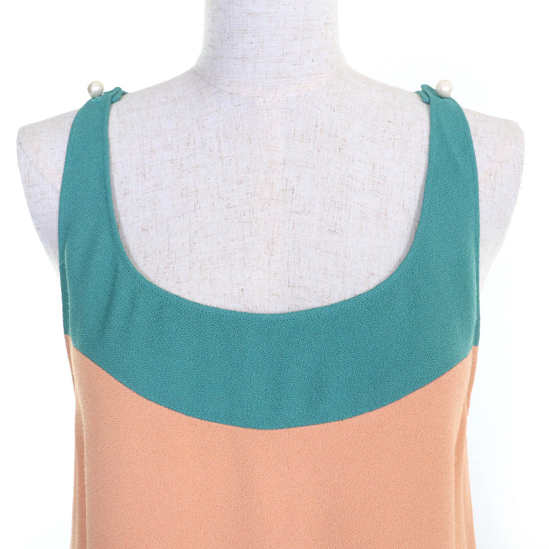 Pristine CHANEL COCO Mark Pearl Button Sleeveless Top Tunic Green Beige Blue 38