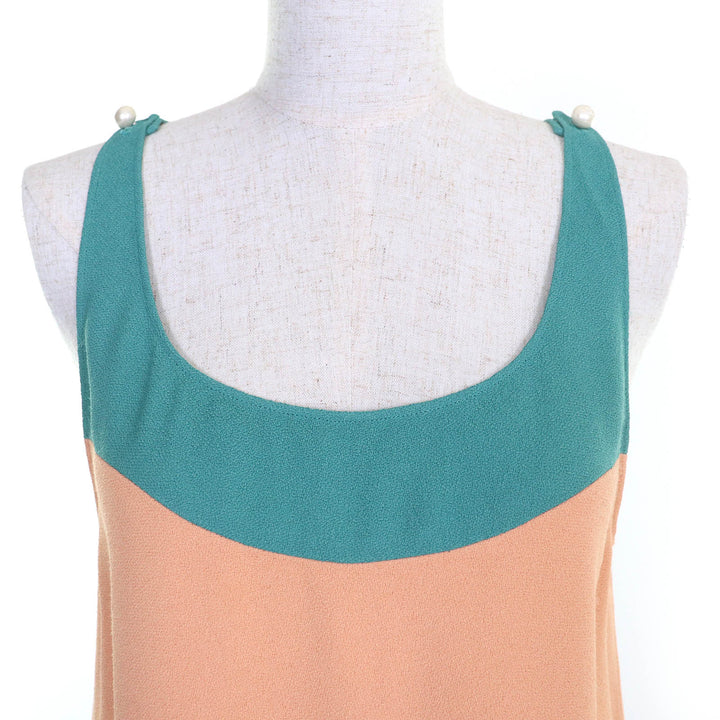 Pristine CHANEL COCO Mark Pearl Button Sleeveless Top Tunic Green Beige Blue 38