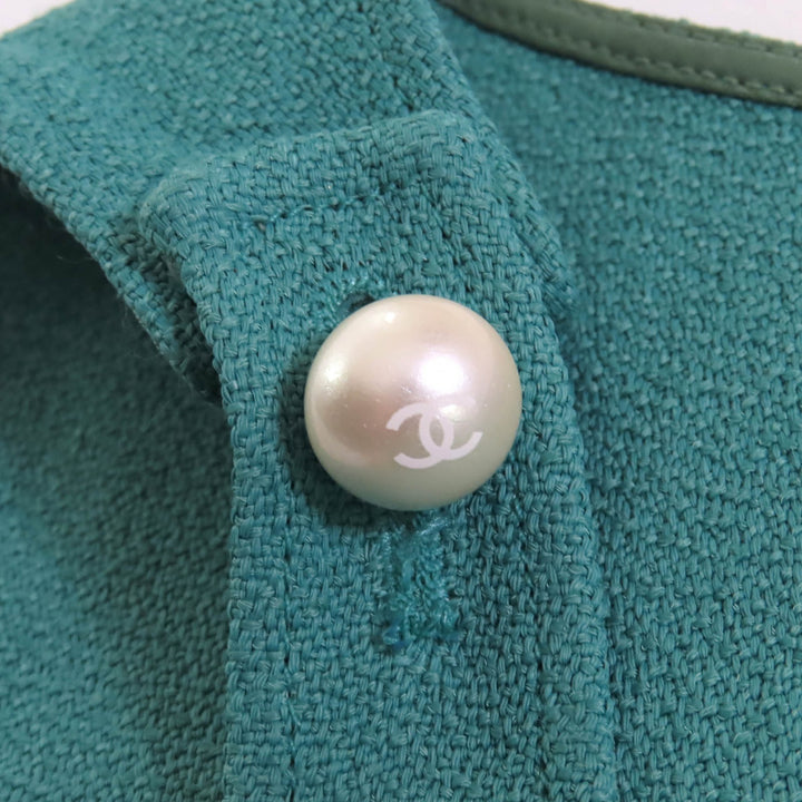 Pristine CHANEL COCO Mark Pearl Button Sleeveless Top Tunic Green Beige Blue 38