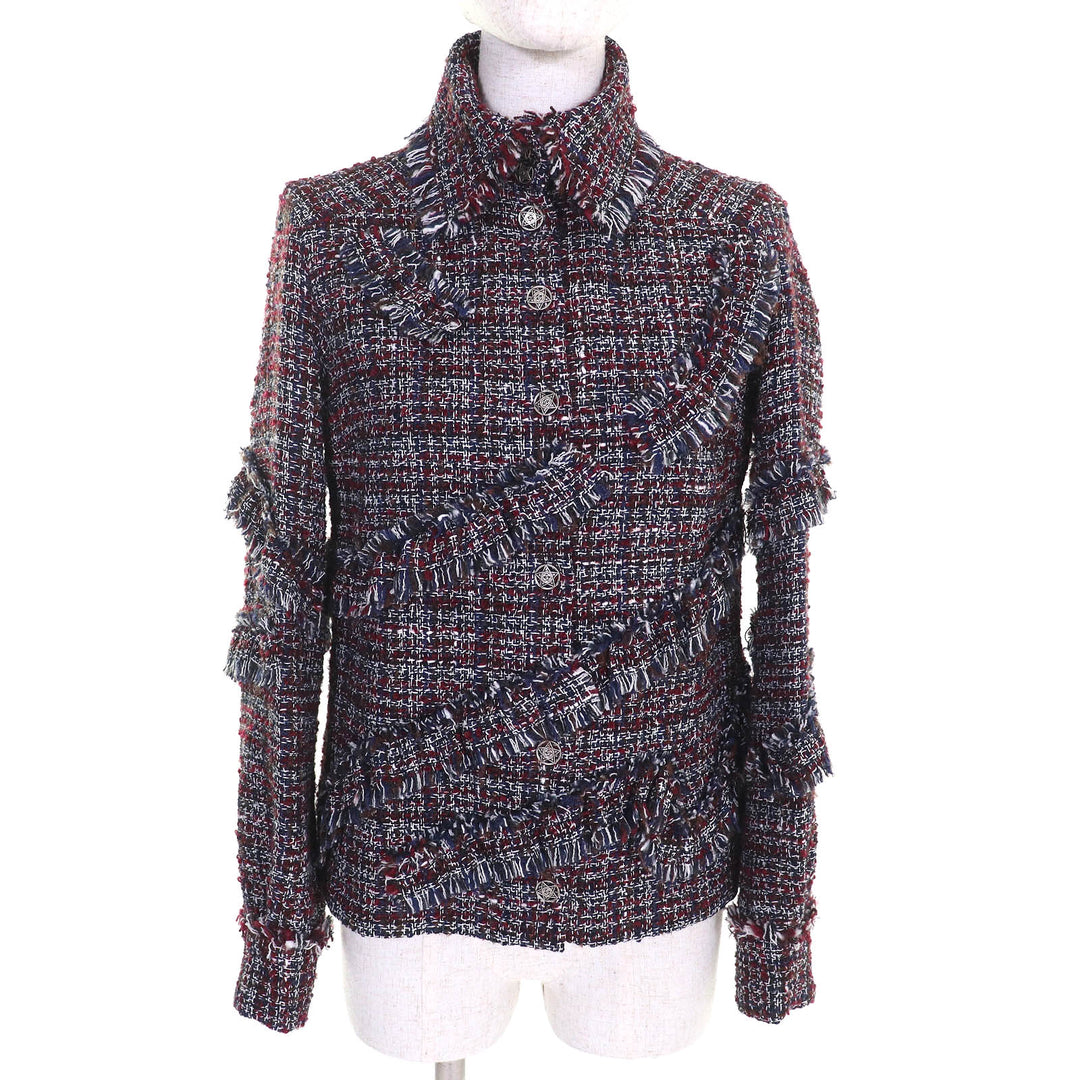 CHANEL Jacket Dallas COCO Mark Button Mixed Tweed Red Navy Black White 34 P49469