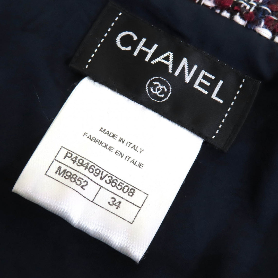 CHANEL Jacket Dallas COCO Mark Button Mixed Tweed Red Navy Black White 34 P49469