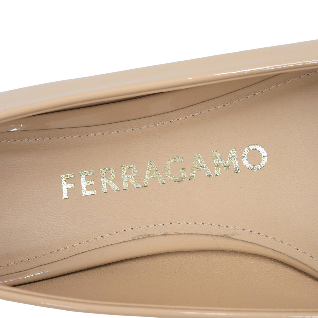 Excellent FERRAGAMO pumps Vara Ribbon Flats pink beige Patent leather Women 5.5