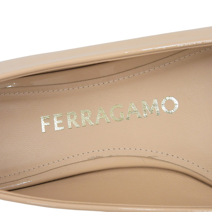 Excellent FERRAGAMO pumps Vara Ribbon Flats pink beige Patent leather Women 5.5