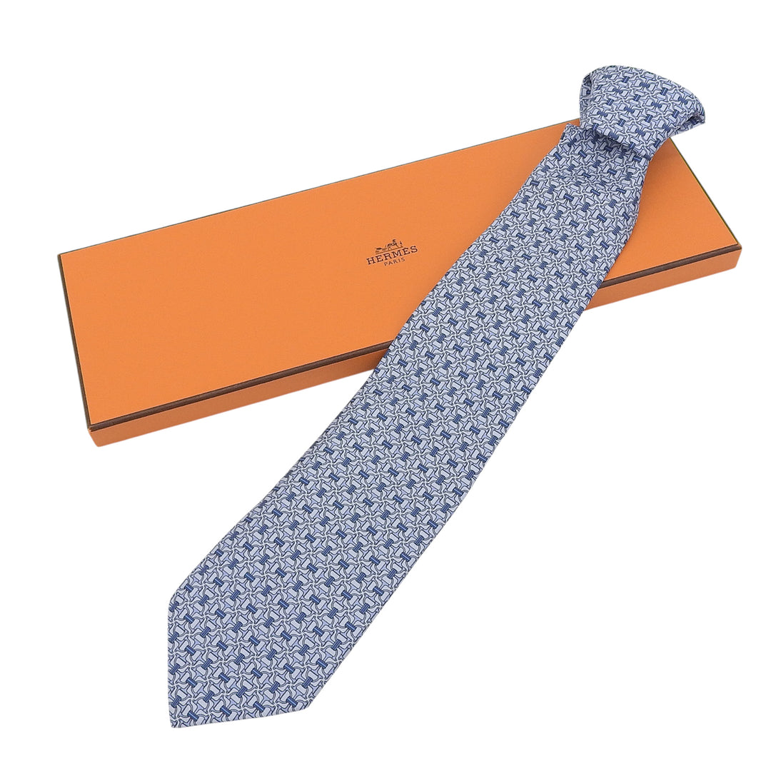 Excellent HERMES tie Clavat Chaine d'Ancre all-over pattern blue silk mens 5560 MA
