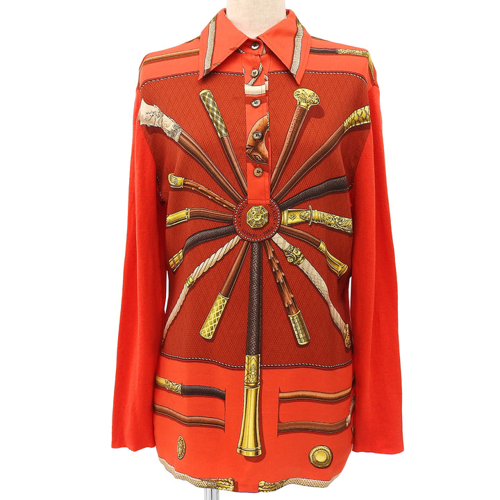 Great HERMES Long sleeve shirt Twill Reine Walking Stick Pattern Shell Button silk S