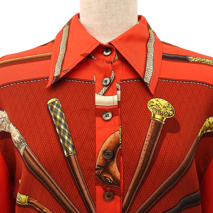 Great HERMES Long sleeve shirt Twill Reine Walking Stick Pattern Shell Button