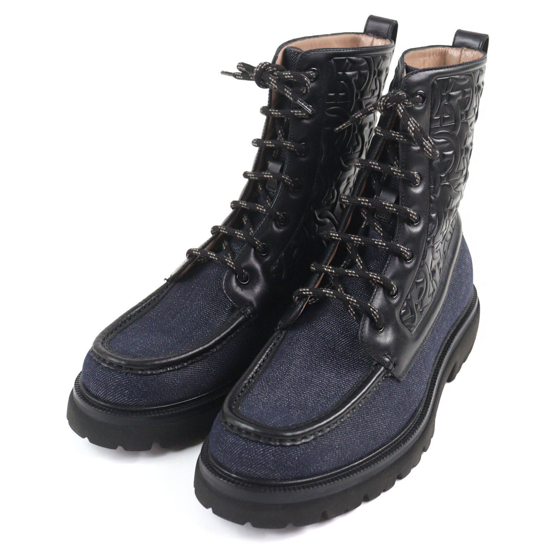 Pristine Salvatore Ferragamo boots NAVAL2 Gancini Embossed Lace-Up Combat Boots denim 7