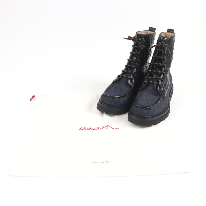 Pristine Salvatore Ferragamo boots NAVAL2 Gancini Embossed Lace-Up Combat Boots denim 7