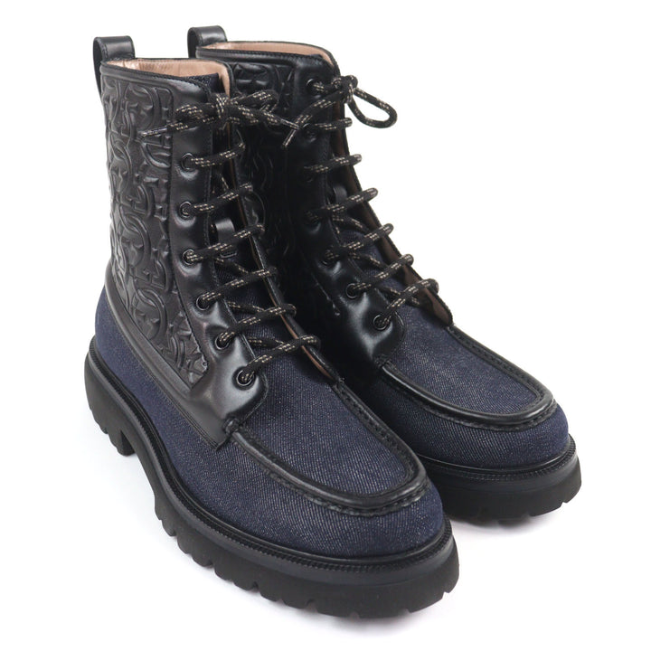 Pristine Salvatore Ferragamo boots NAVAL2 Gancini Embossed Lace-Up Combat Boots denim 7