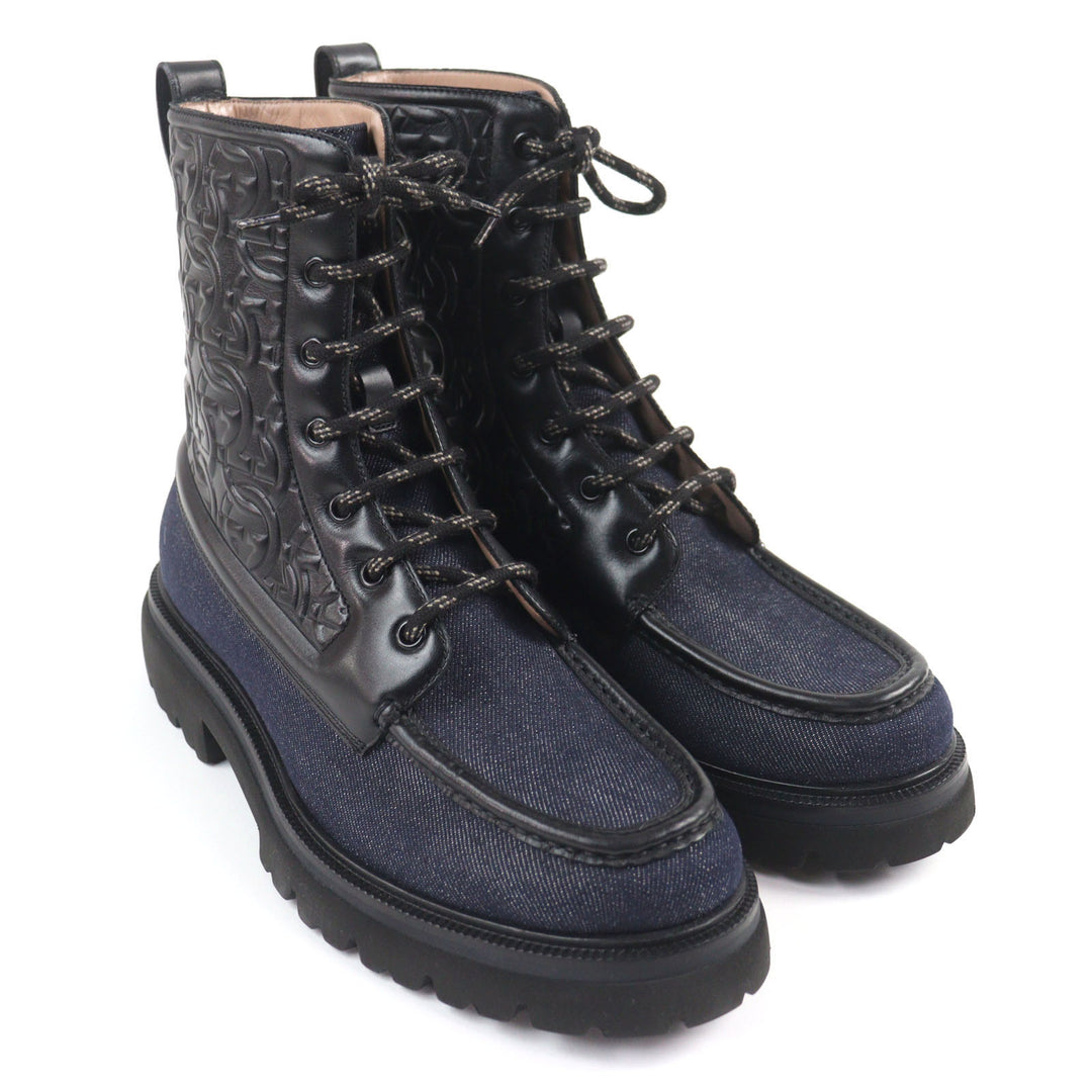 Pristine Salvatore Ferragamo boots NAVAL2 Gancini Embossed Lace-Up Combat Boots