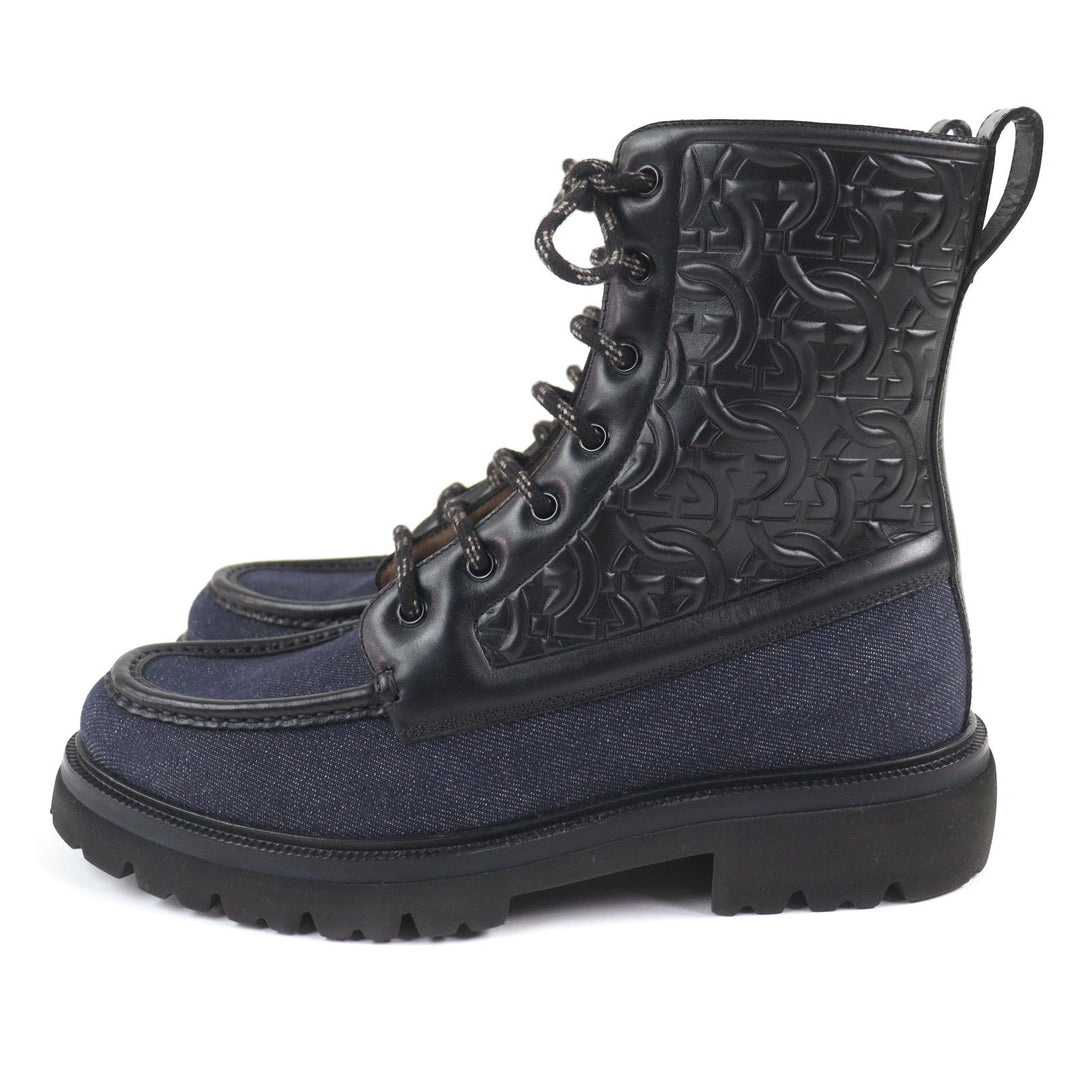 Pristine Salvatore Ferragamo boots NAVAL2 Gancini Embossed Lace-Up Combat Boots denim 7