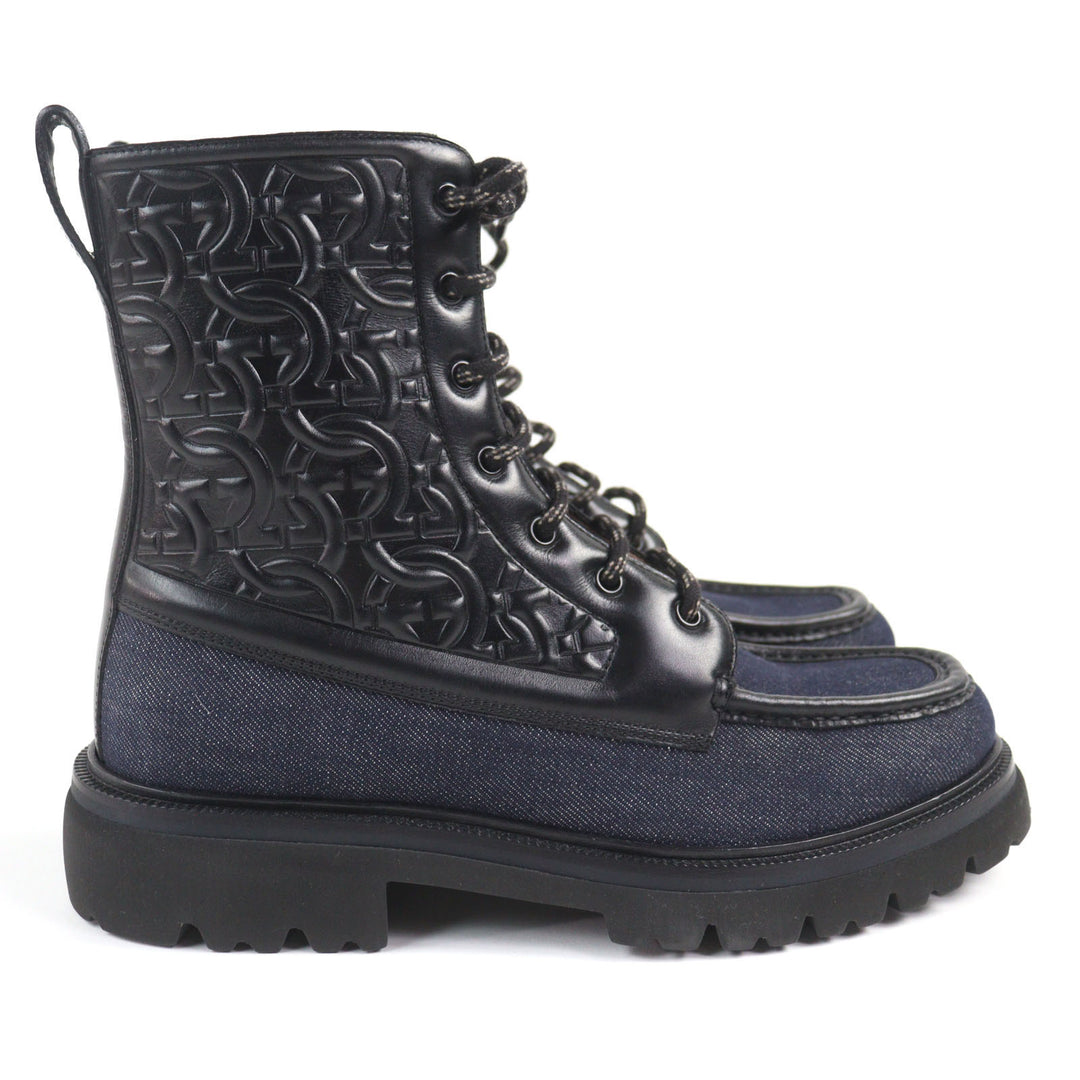 Pristine Salvatore Ferragamo boots NAVAL2 Gancini Embossed Lace-Up Combat Boots denim 7