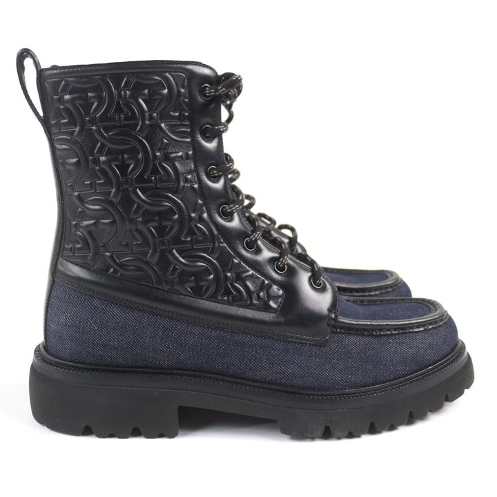 Pristine Salvatore Ferragamo boots NAVAL2 Gancini Embossed Lace-Up Combat Boots denim 7