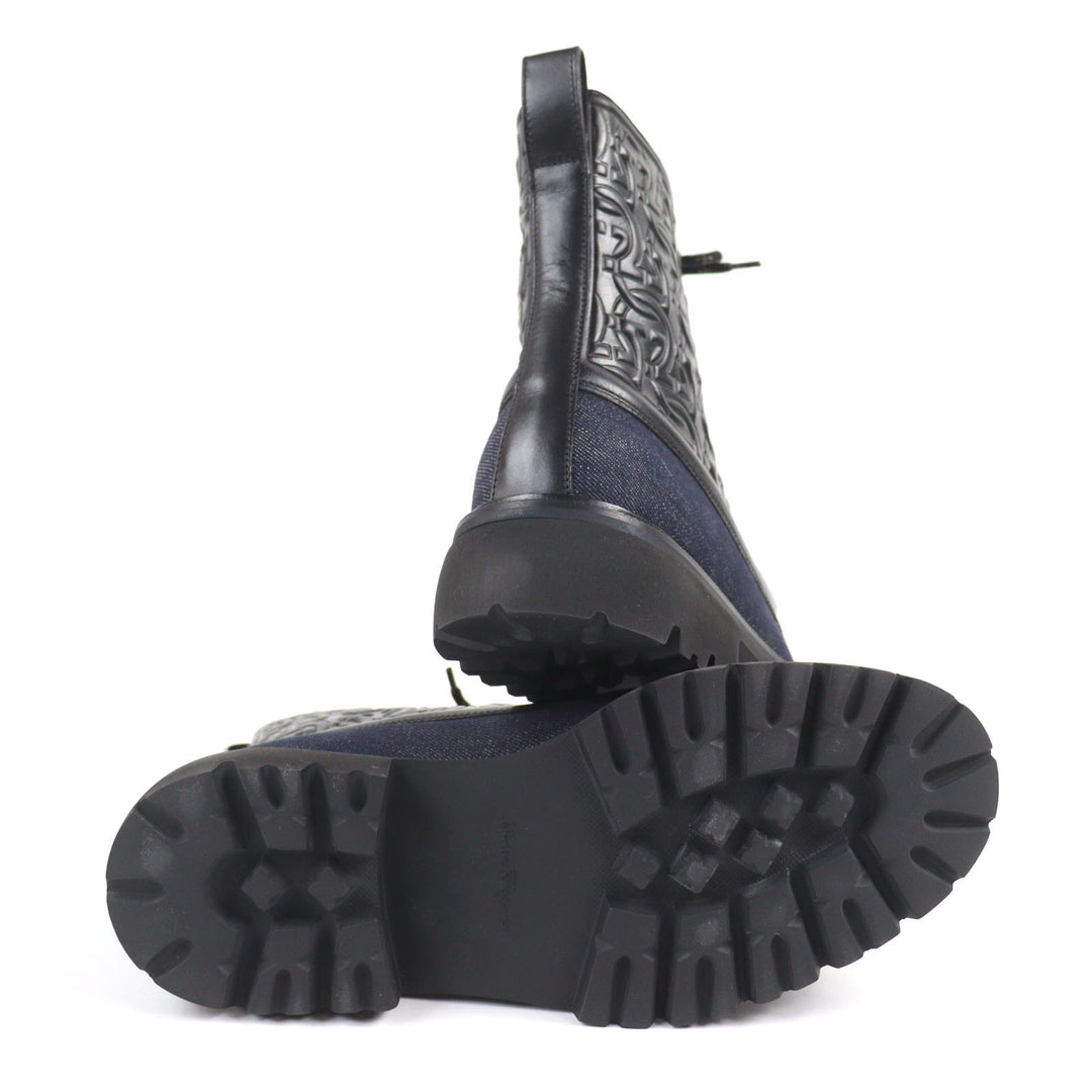 Pristine Salvatore Ferragamo boots NAVAL2 Gancini Embossed Lace-Up Combat Boots denim 7