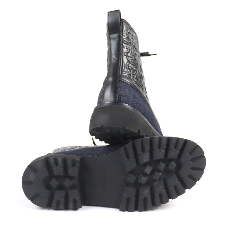 Pristine Salvatore Ferragamo boots NAVAL2 Gancini Embossed Lace-Up Combat Boots denim 7