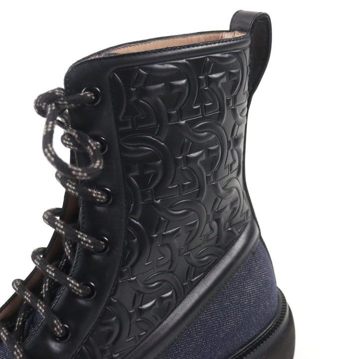 Pristine Salvatore Ferragamo boots NAVAL2 Gancini Embossed Lace-Up Combat Boots