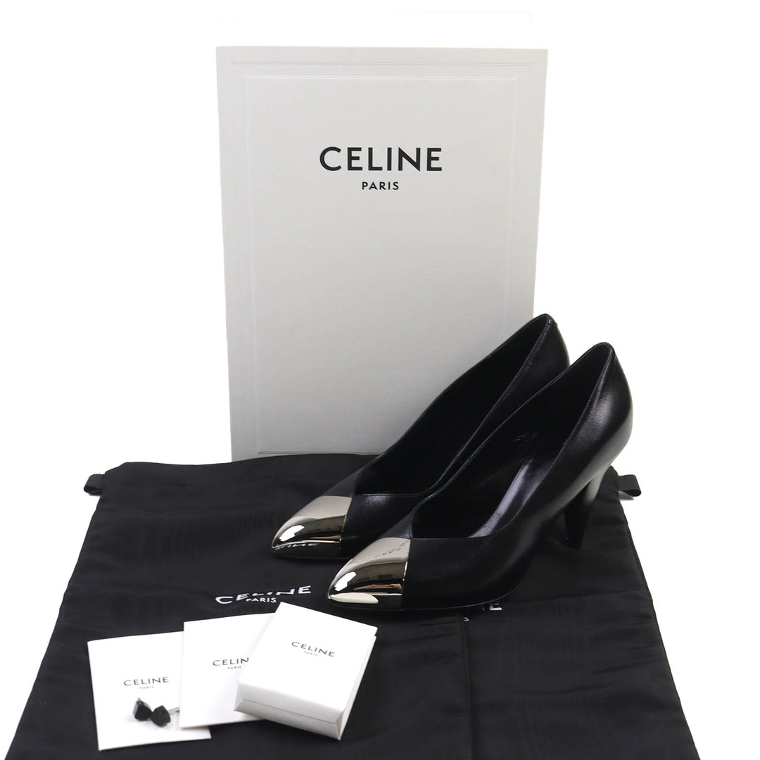 Pristine CELINE pumps Metal-toe leather pumps Black Silver leather Women 35
