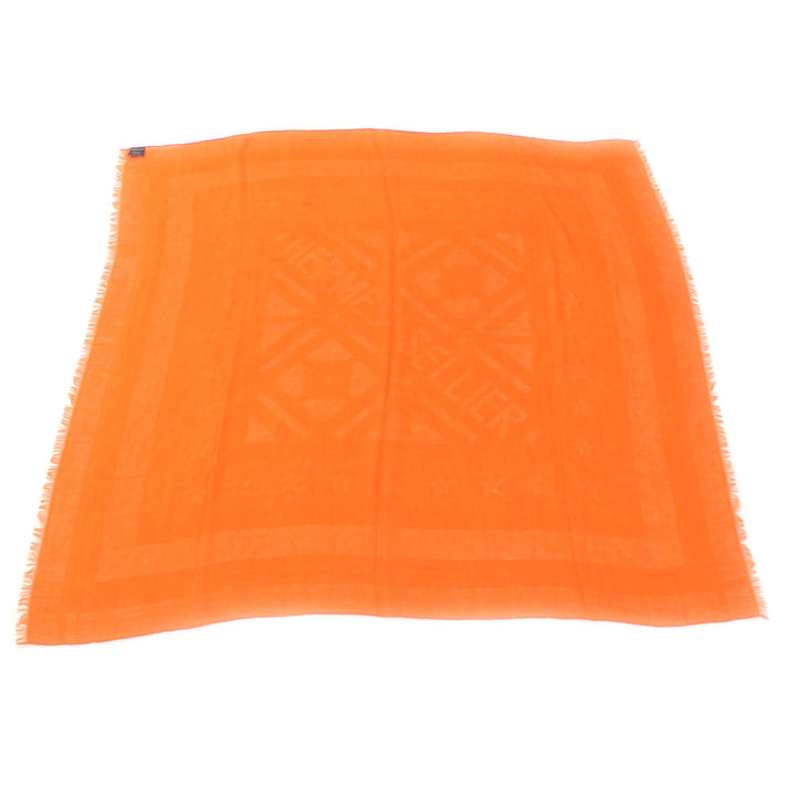 Excellent HERMES scarf Jacquard Serie with Fringe Orange cashmere Women