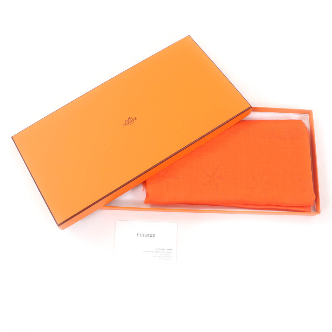 Excellent HERMES scarf Jacquard Serie with Fringe Orange cashmere Women