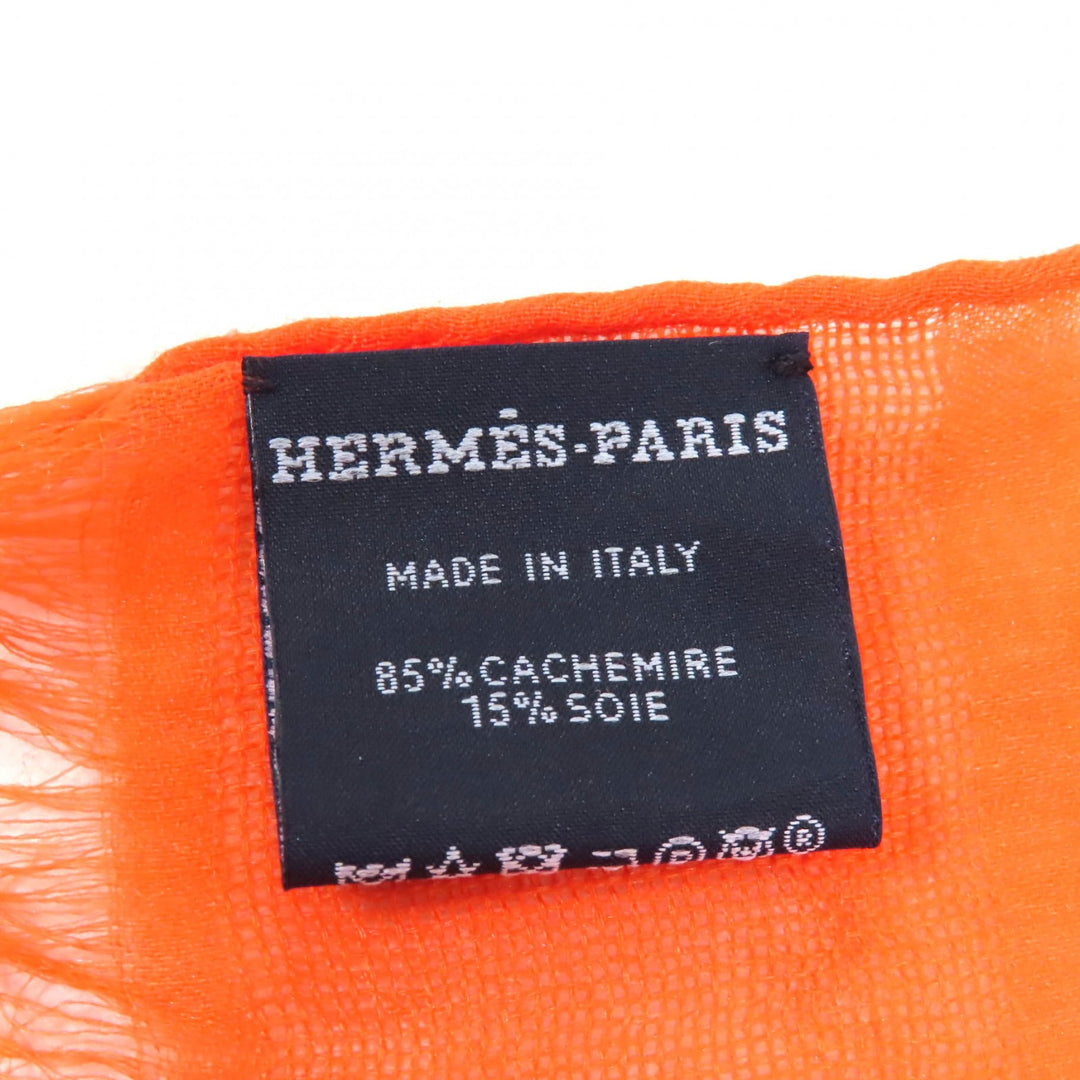 Excellent HERMES scarf Jacquard Serie with Fringe Orange cashmere Women