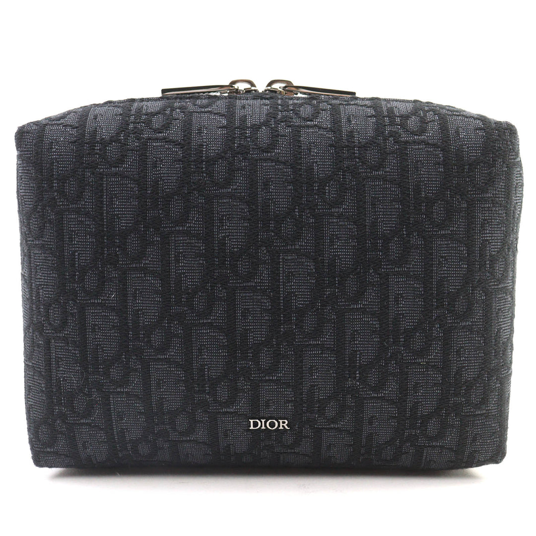 Pristine DIOR Pouch Logo Metal Leather Oblique Canvas Round Zip Black series