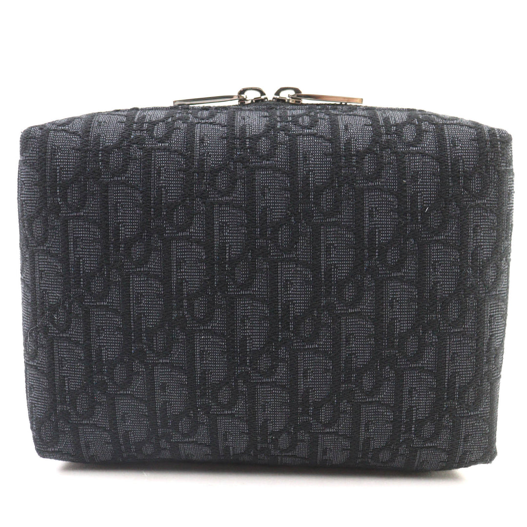 Pristine DIOR Pouch Logo Metal Leather Oblique Canvas Round Zip Black series canvas Women