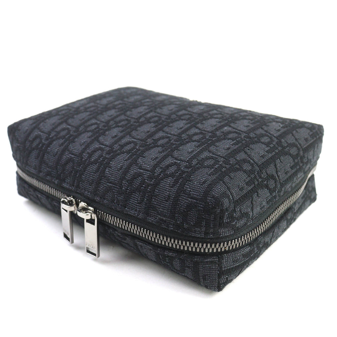 Pristine DIOR Pouch Logo Metal Leather Oblique Canvas Round Zip Black series canvas Women