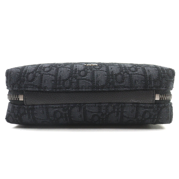 Pristine DIOR Pouch Logo Metal Leather Oblique Canvas Round Zip Black series canvas Women