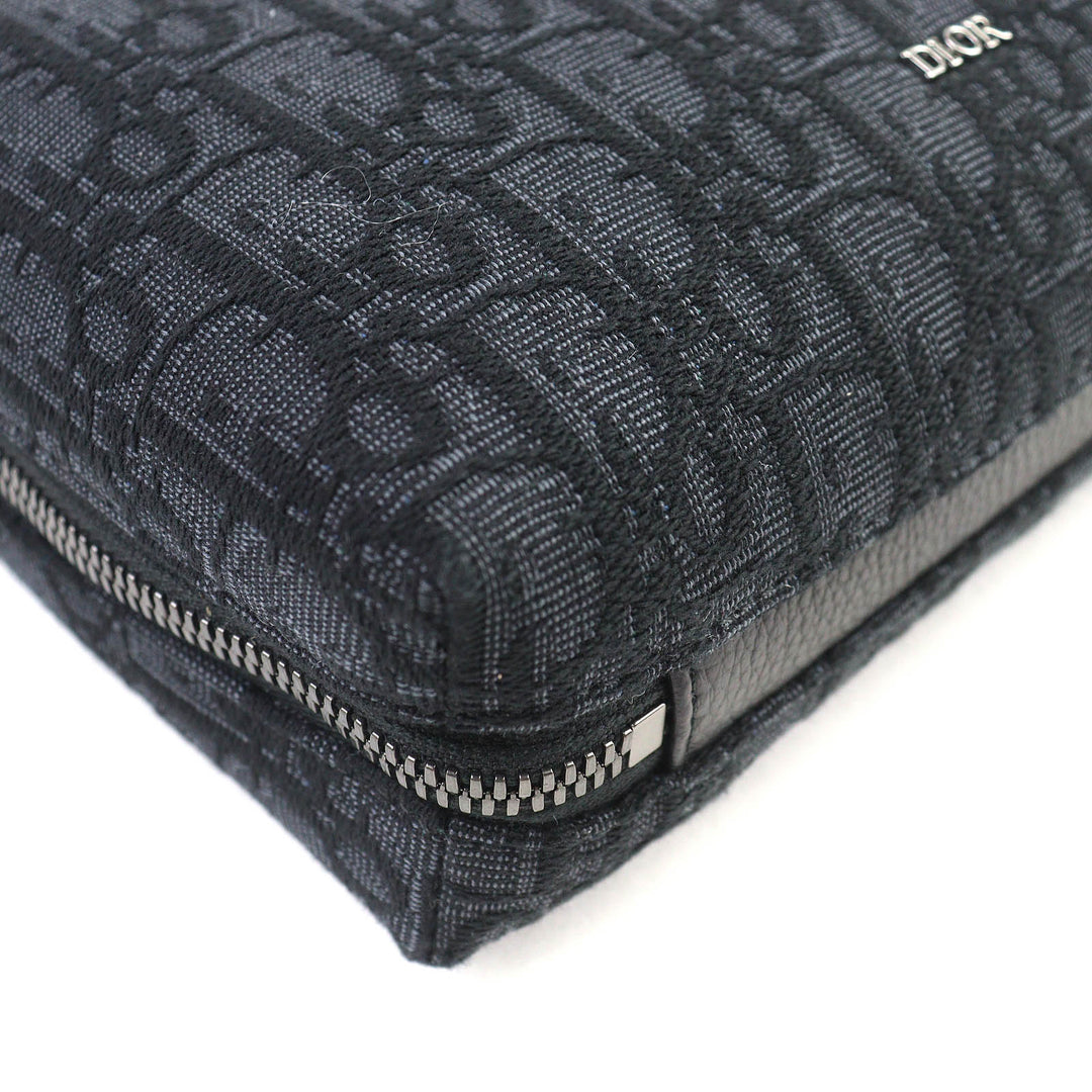 Pristine DIOR Pouch Logo Metal Leather Oblique Canvas Round Zip Black series